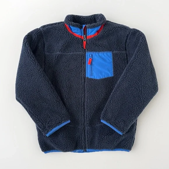 OshKosh Boys Sherpa Zip Hoodie Blue Red Trim Cozy Lined Size 8 - Picture 1 of 9